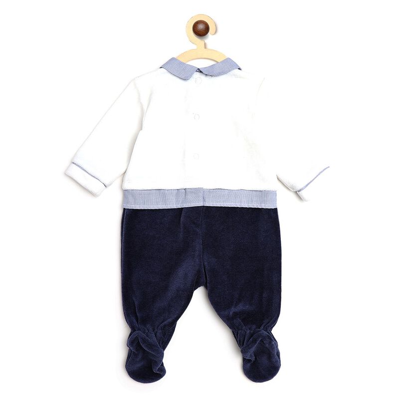 Boys White & Blue Velour Leg Opening Babysuit image number null